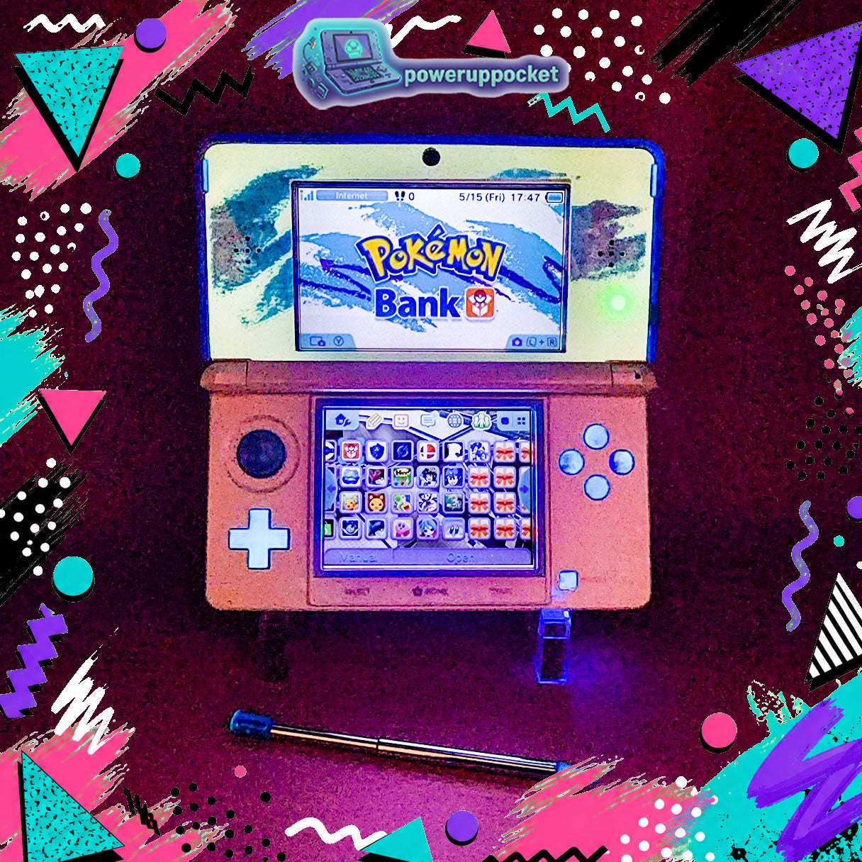 Custom 3DS Console 90s Jazz Cup Theme | Purple Shimmer Shell | Teal Purple Glow | Custom Glow-in-the-dark Screen Lens + Stylus