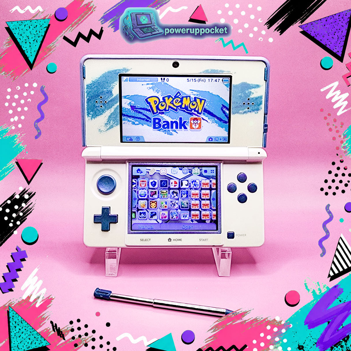 Custom 3DS Console 90s Jazz Cup Theme | Purple Shimmer Shell | Teal Purple Glow | Custom Glow-in-the-dark Screen Lens + Stylus