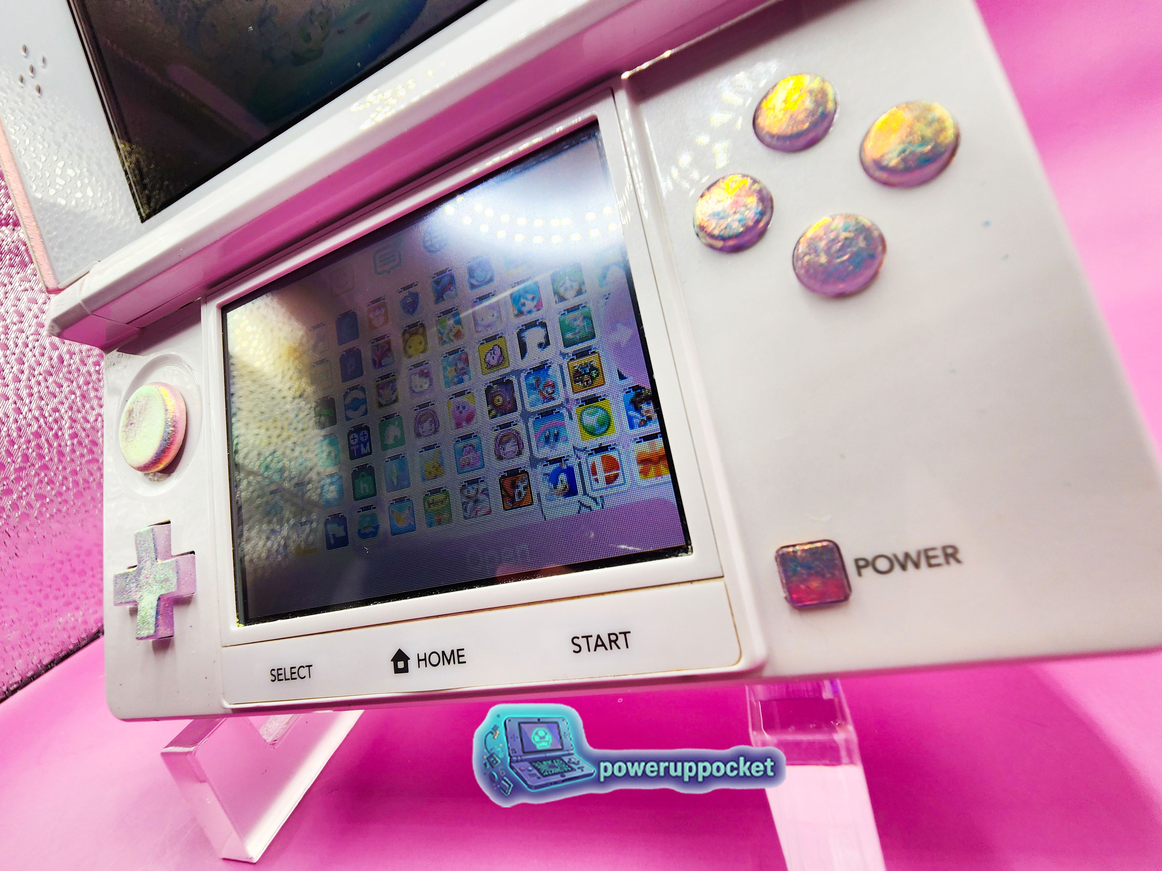 Custom Nintendo 3DS White + Pink Opal Glow | 64GB | Charger + Custom Stylus | Glass Lens