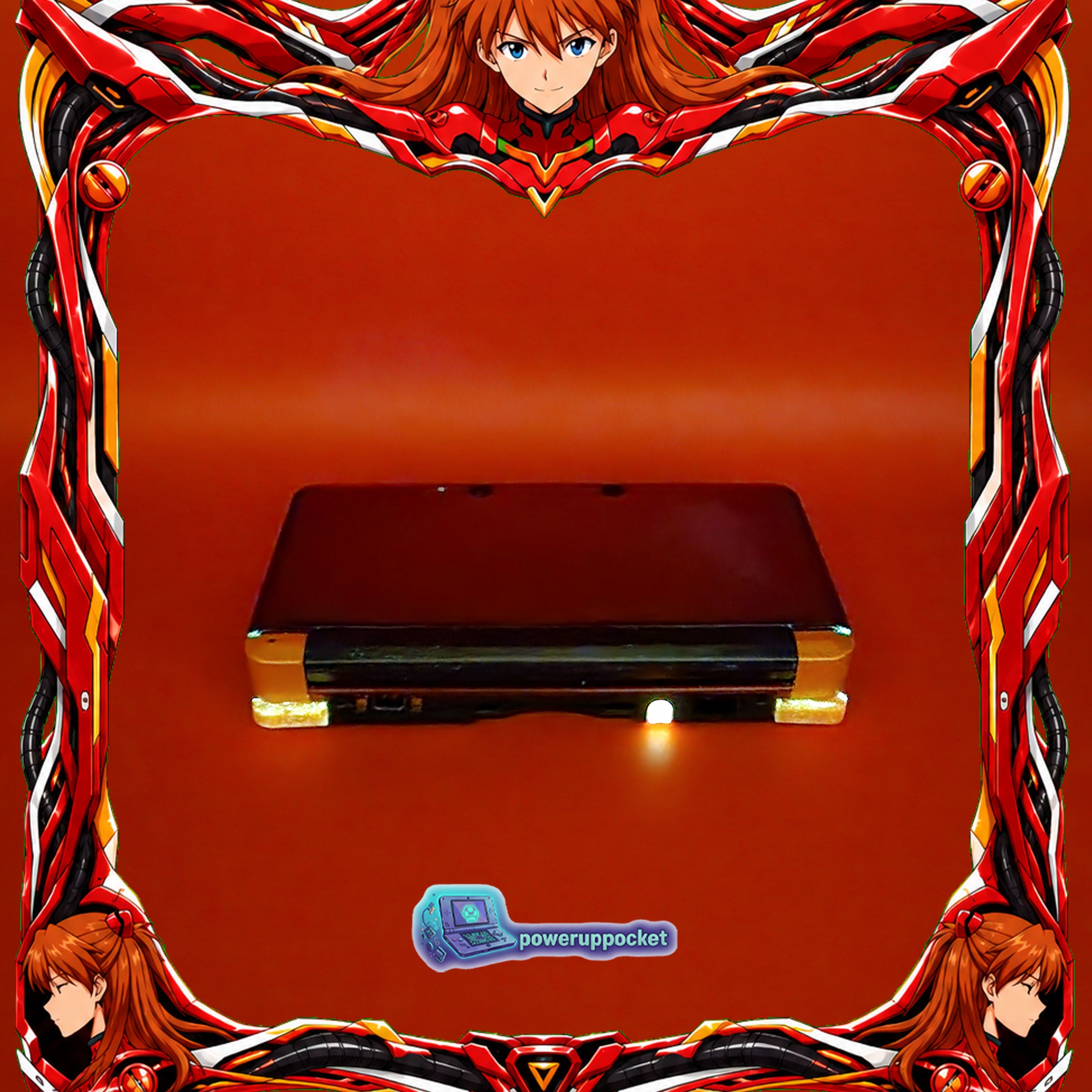 Custom Nintendo 3DS Asuka Evangelion Theme | Orange Glow | Custom Red Glass Lens | Charger + Stylus