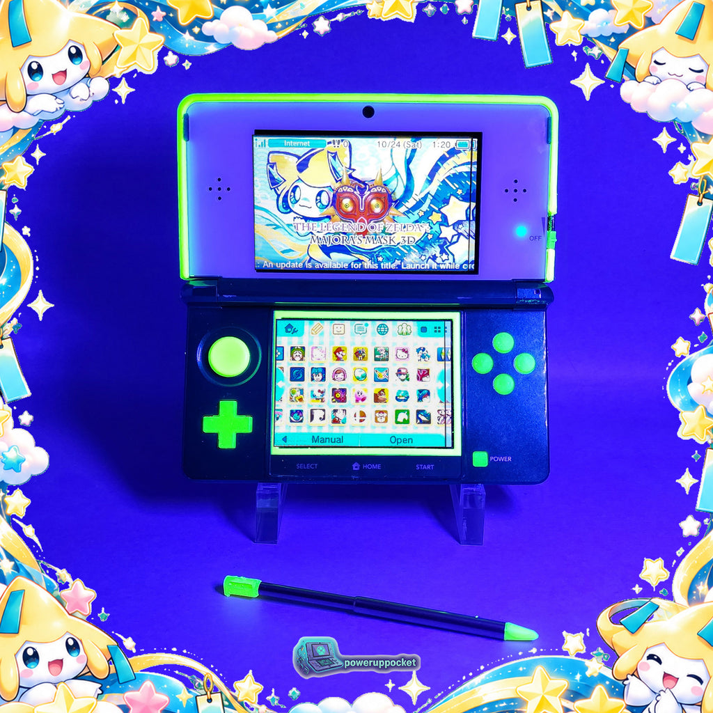 Jirachi Stardust | Custom Nintendo 3DS Aqua + Neon Yellow | Glass Lens