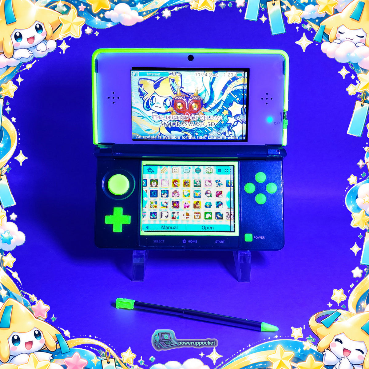 Jirachi Stardust | Custom Nintendo 3DS Aqua + Neon Yellow | Glass Lens