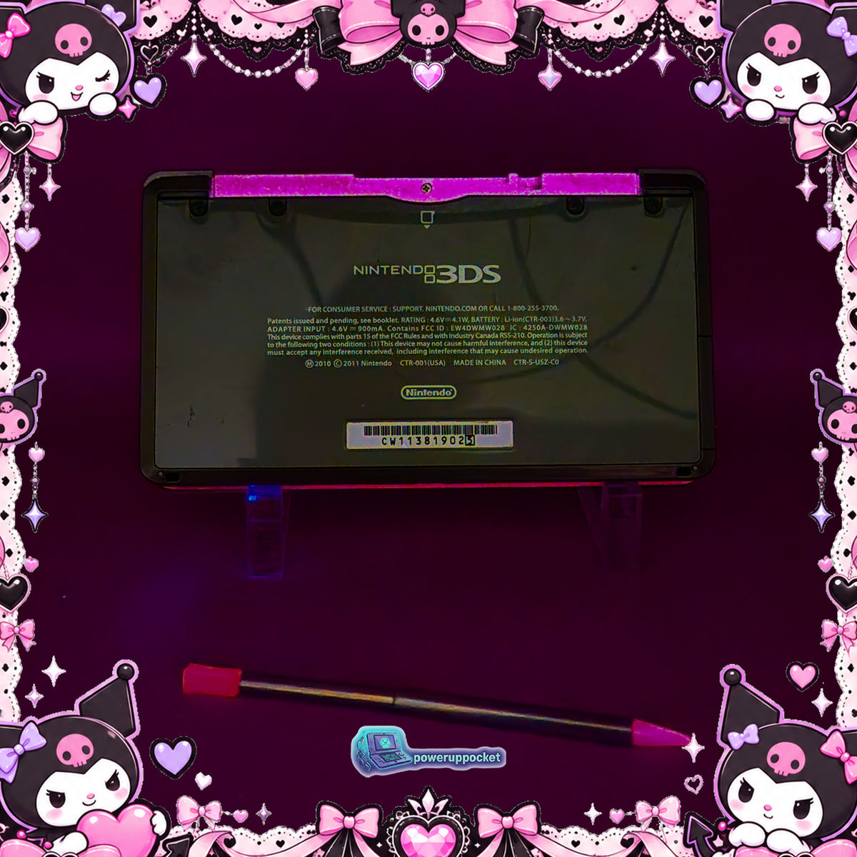Kuromi Midnight Shimmer | Custom Nintendo 3DS Black + Pink | Glass Lens