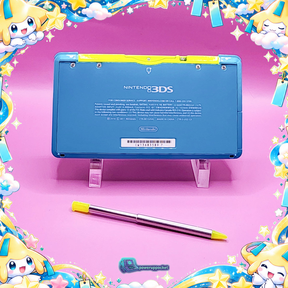 Jirachi Stardust | Custom Nintendo 3DS Aqua + Neon Yellow | Glass Lens