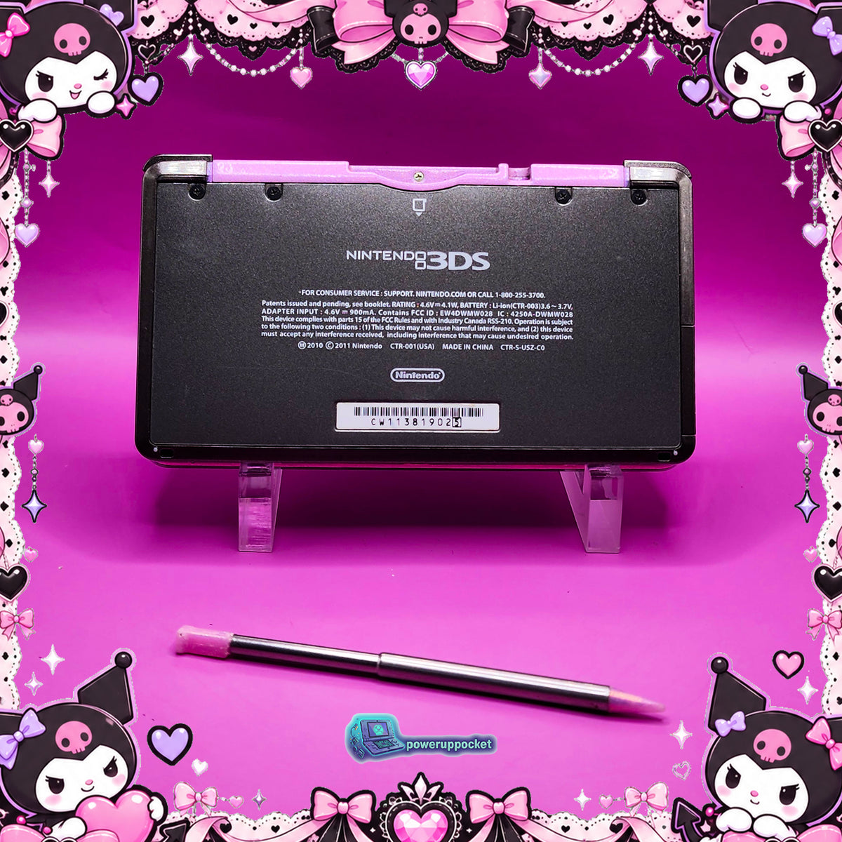 Kuromi Midnight Shimmer | Custom Nintendo 3DS Black + Pink | Glass Lens