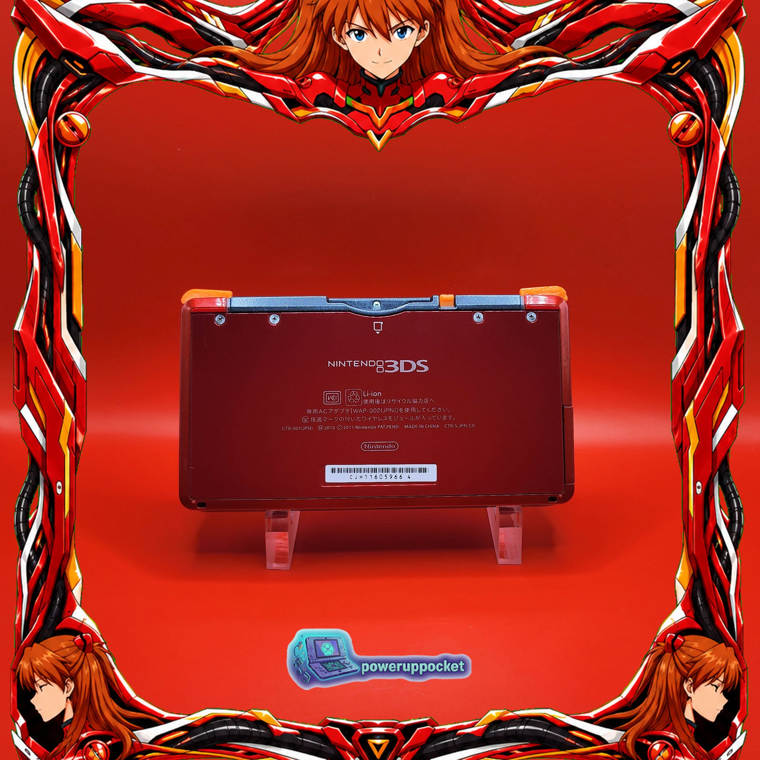 Custom Nintendo 3DS Asuka Evangelion Theme | Orange Glow | Custom Red Glass Lens | Charger + Stylus