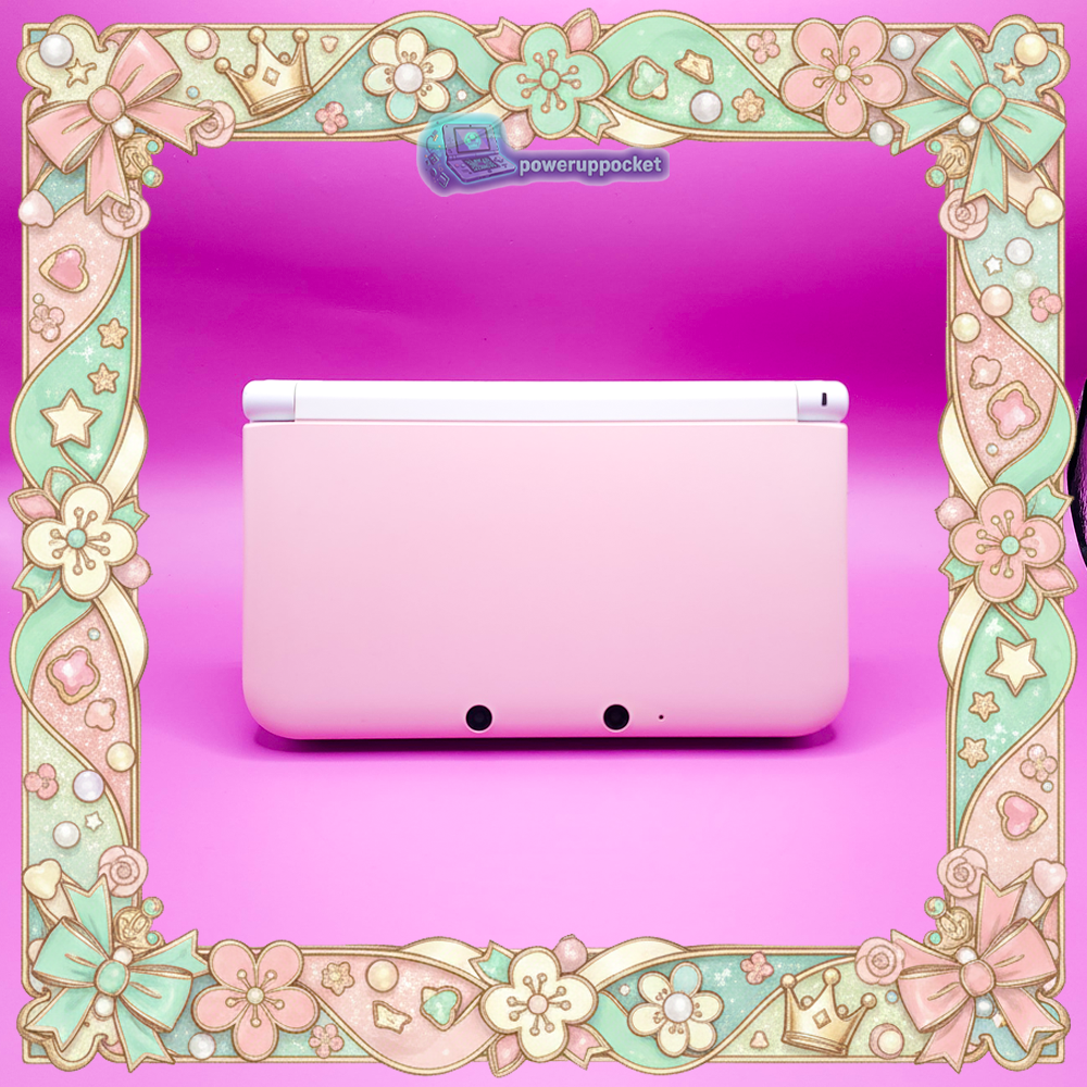 Straight-on front view of a custom Nintendo 3DS XL closed, featuring a soft pink shell and white hinge.