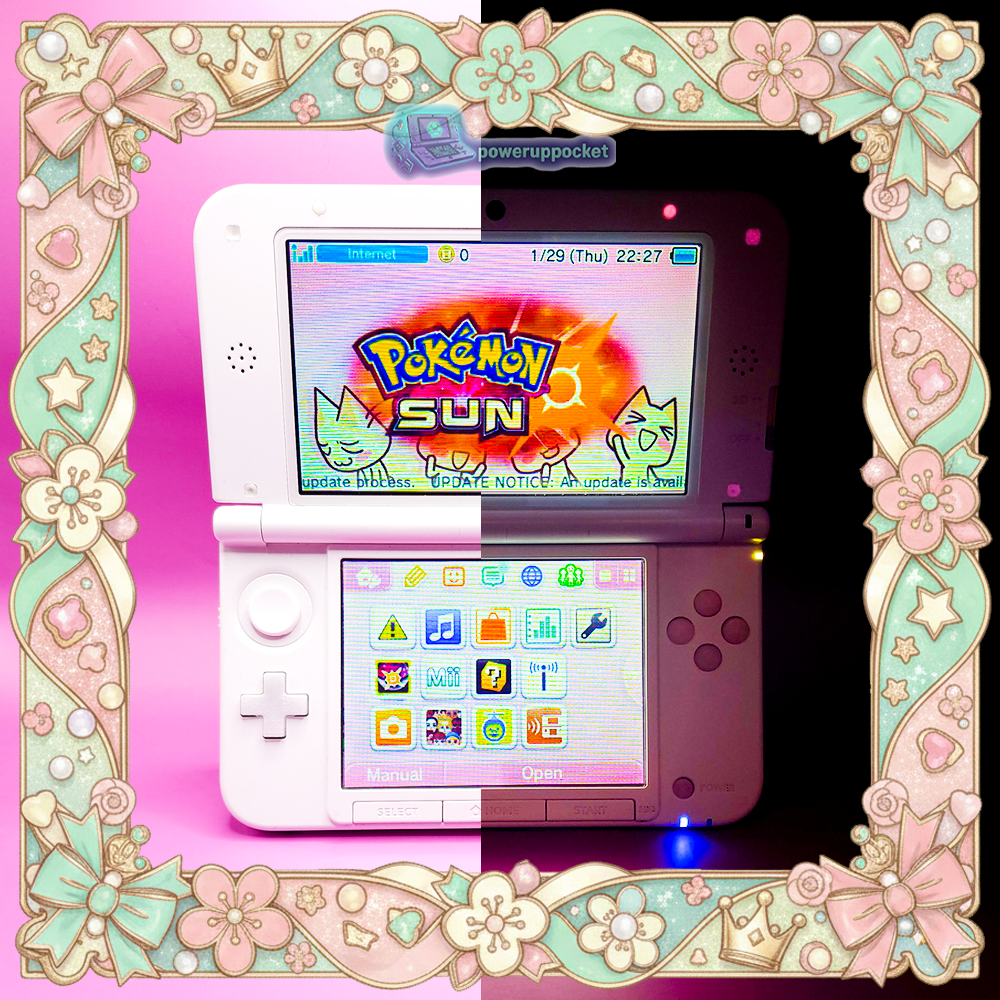 Comparison image of a custom Nintendo 3DS XL showing normal lighting versus low light to demonstrate glow in the dark rubber accents.