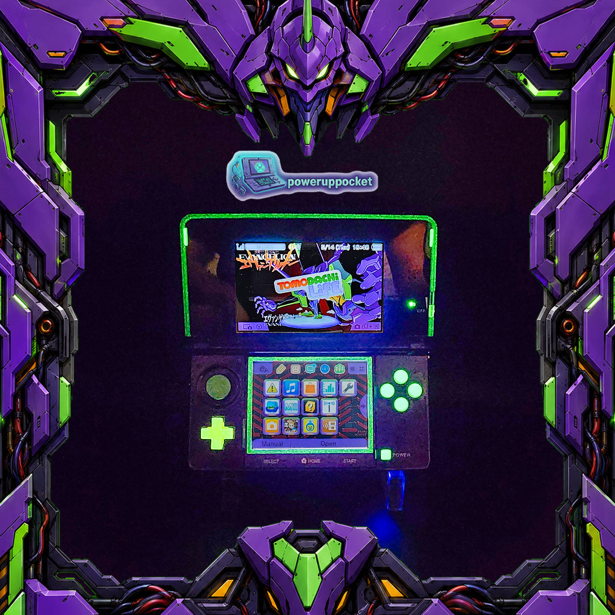 Custom Nintendo 3DS Evangelion EVA-01 Inspired | NERV Theme | Glow Buttons | Purple Black Gradient Top Shell | Custom Stylus