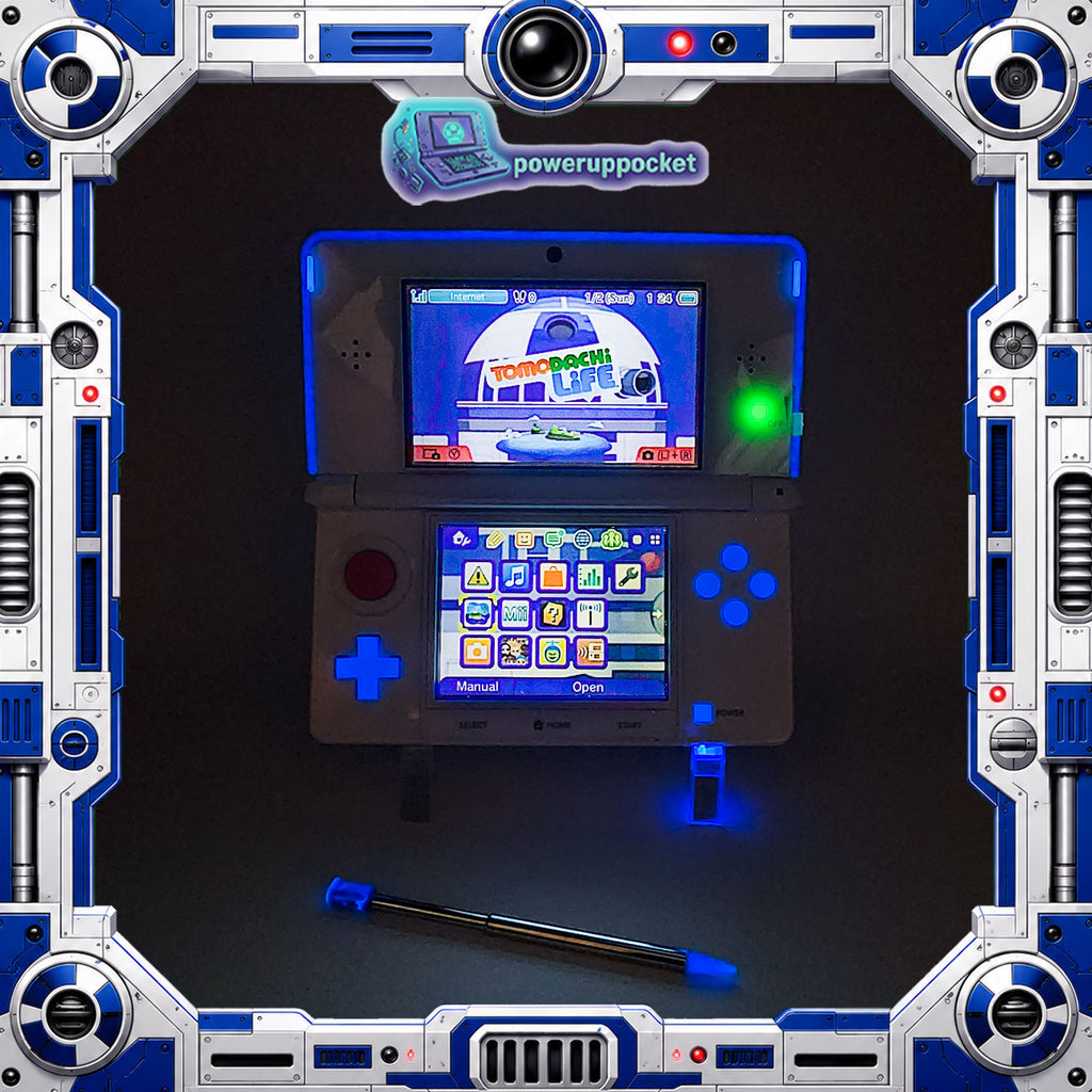 Custom 3DS Console R2D2 Inspired Theme | Blue Glow | Glass Lens | 64GB SD + Charger