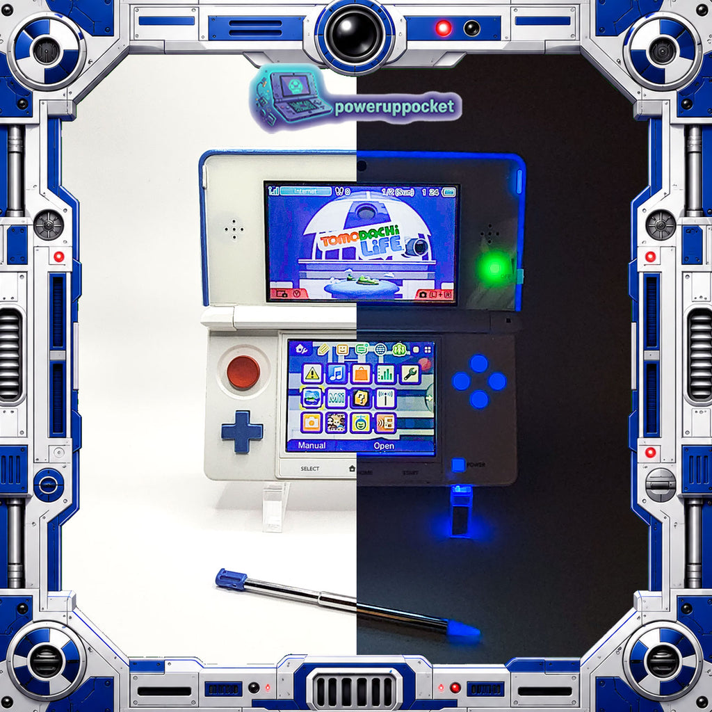 Custom 3DS Console R2D2 Inspired Theme | Blue Glow | Glass Lens | 64GB SD + Charger