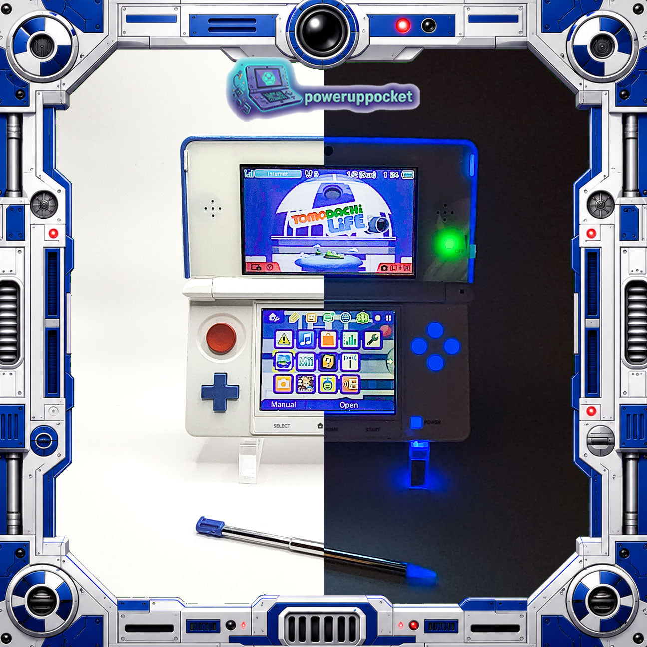 Custom 3DS Console R2D2 Inspired Theme | Blue Glow | Glass Lens | 64GB SD + Charger