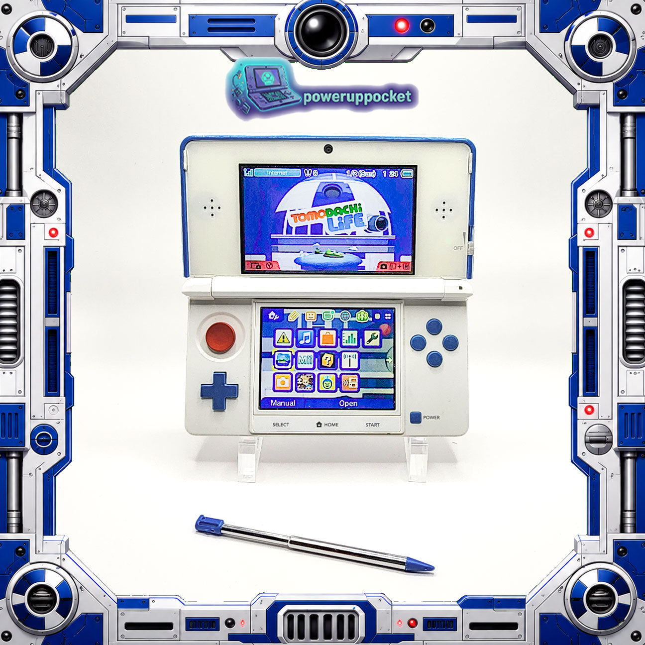 Custom 3DS Console R2D2 Inspired Theme | Blue Glow | Glass Lens | 64GB SD + Charger