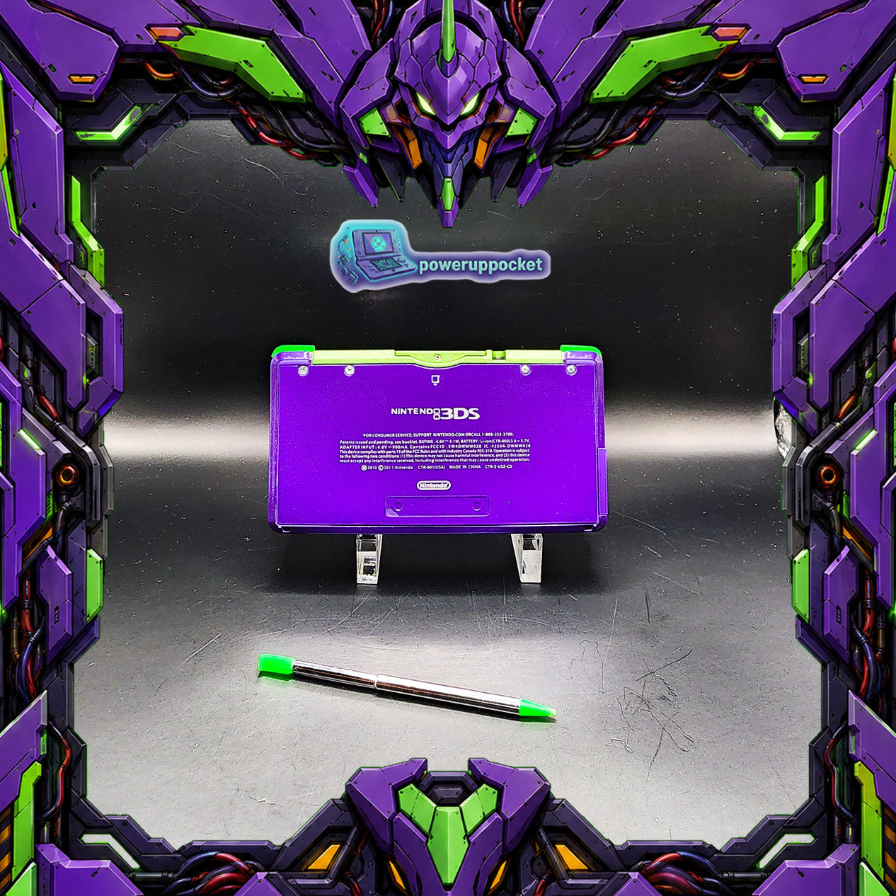 Custom Nintendo 3DS Evangelion EVA-01 Inspired | NERV Theme | Glow Buttons | Purple Black Gradient Top Shell | Custom Stylus