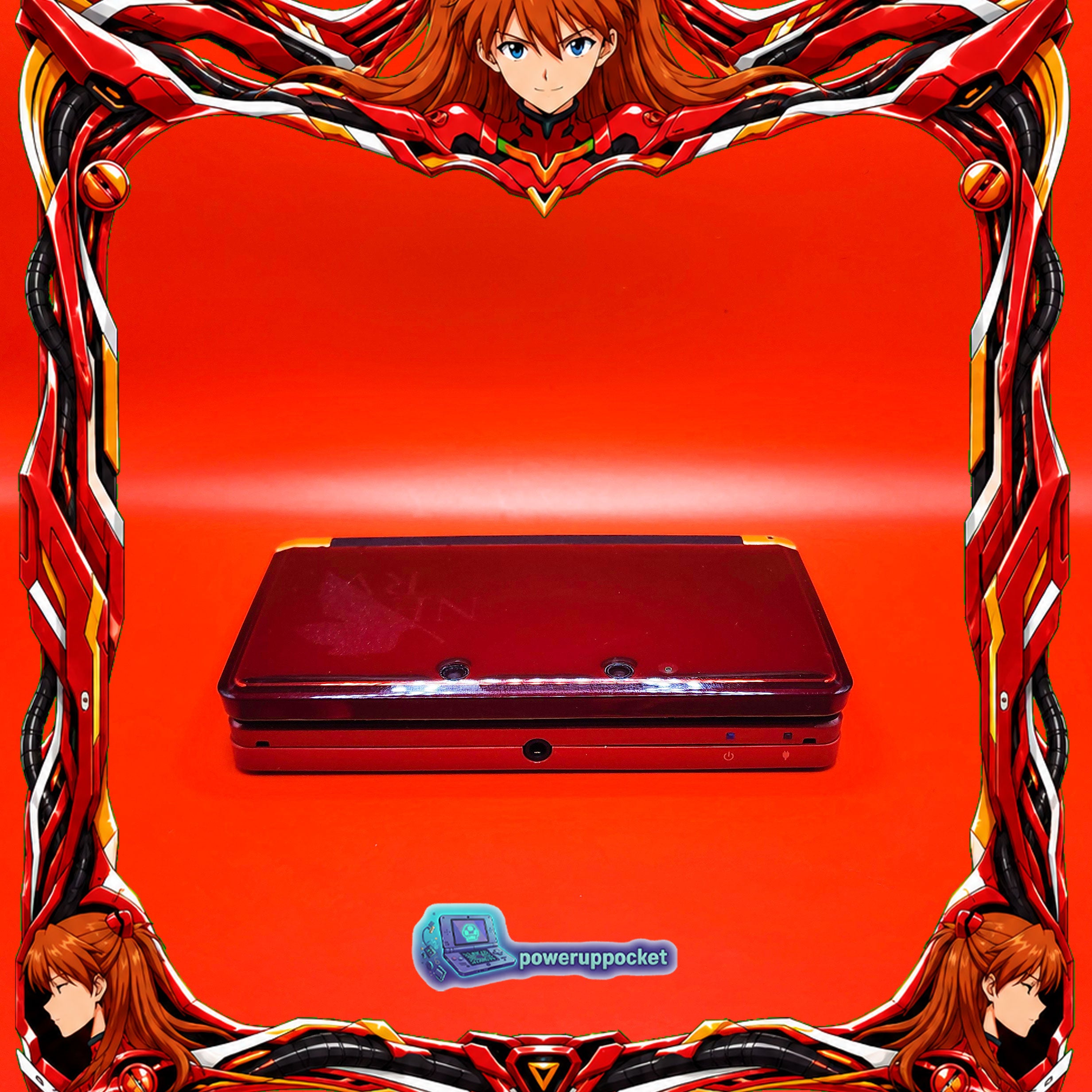 Custom Nintendo 3DS Asuka Evangelion Theme | Orange Glow | Custom Red Glass Lens | Charger + Stylus