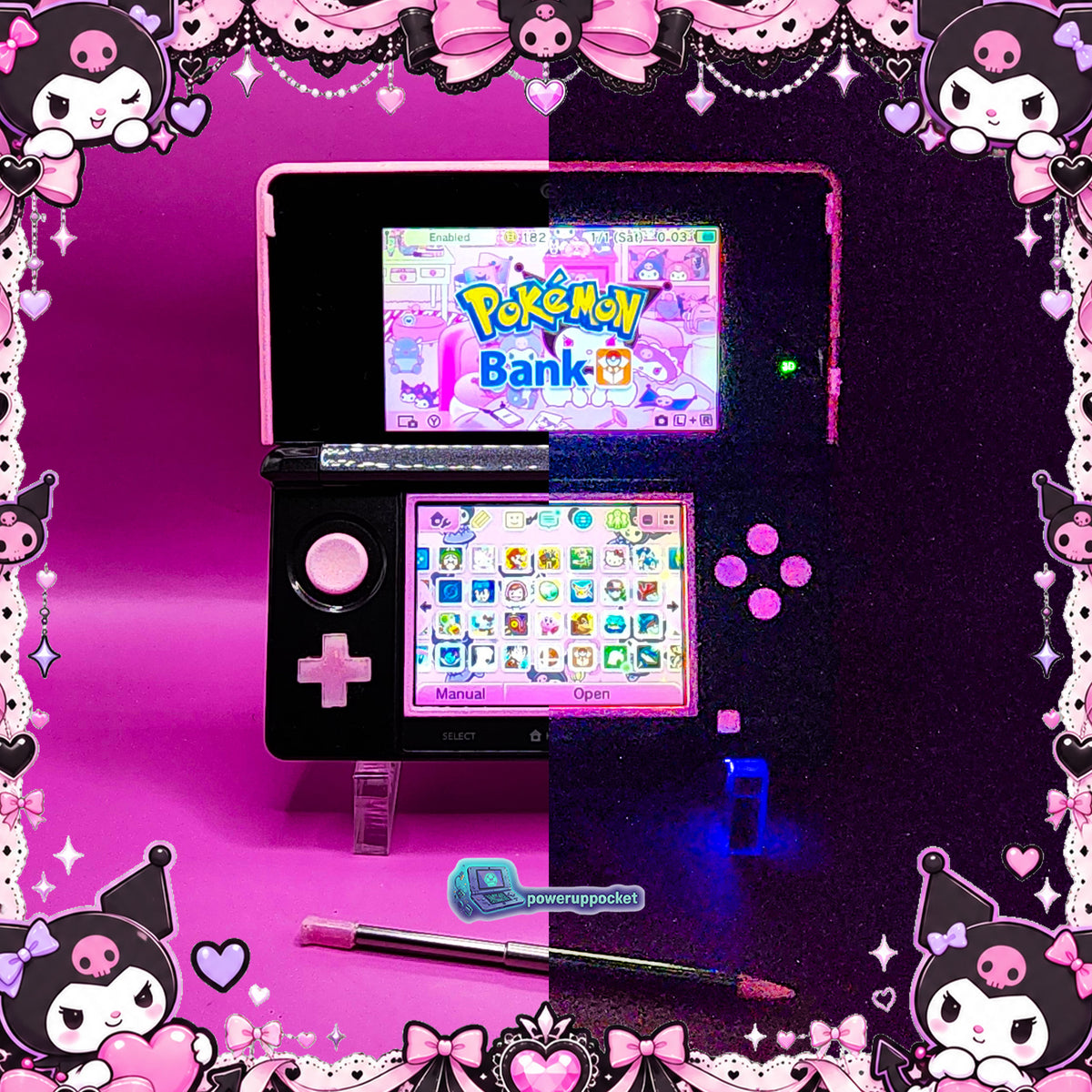 Kuromi Midnight Shimmer | Custom Nintendo 3DS Black + Pink | Glass Lens