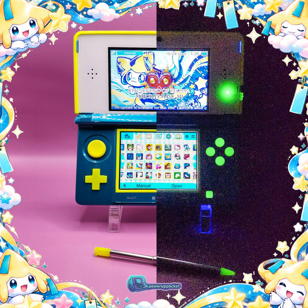 Jirachi Stardust | Custom Nintendo 3DS Aqua + Neon Yellow | Glass Lens