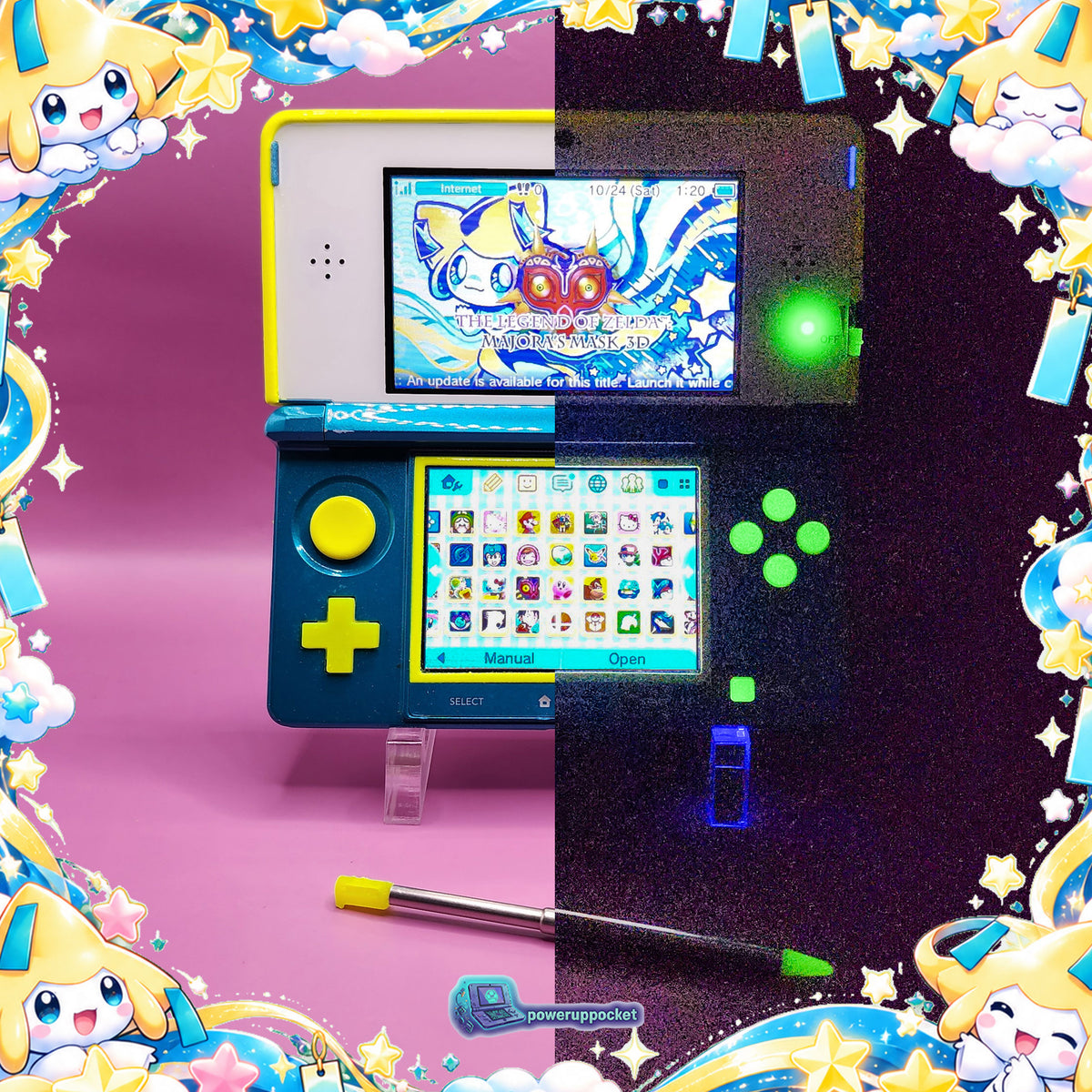 Jirachi Stardust | Custom Nintendo 3DS Aqua + Neon Yellow | Glass Lens