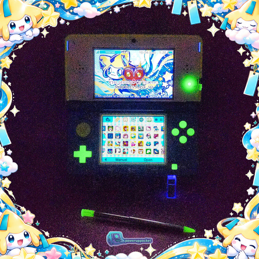 Jirachi Stardust | Custom Nintendo 3DS Aqua + Neon Yellow | Glass Lens