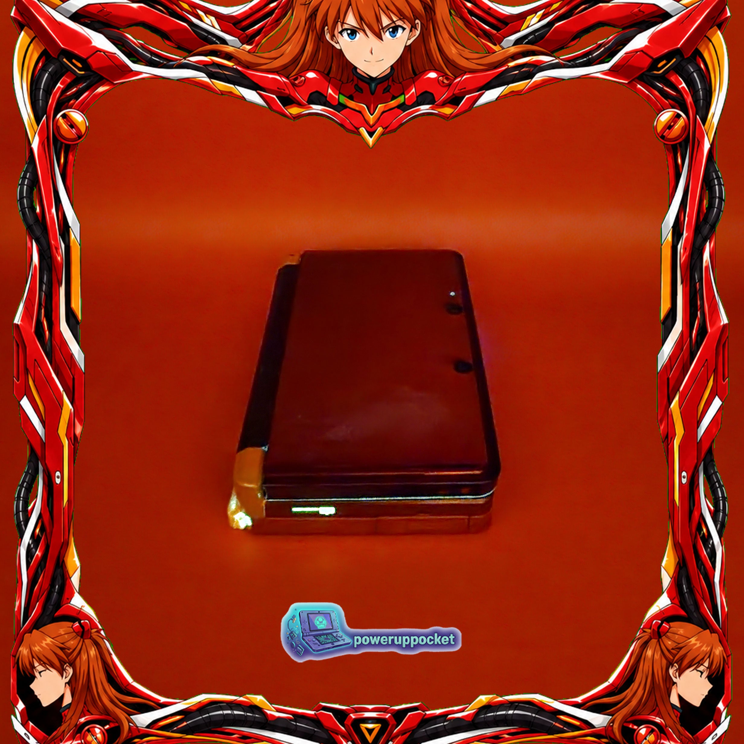 Custom Nintendo 3DS Asuka Evangelion Theme | Orange Glow | Custom Red Glass Lens | Charger + Stylus