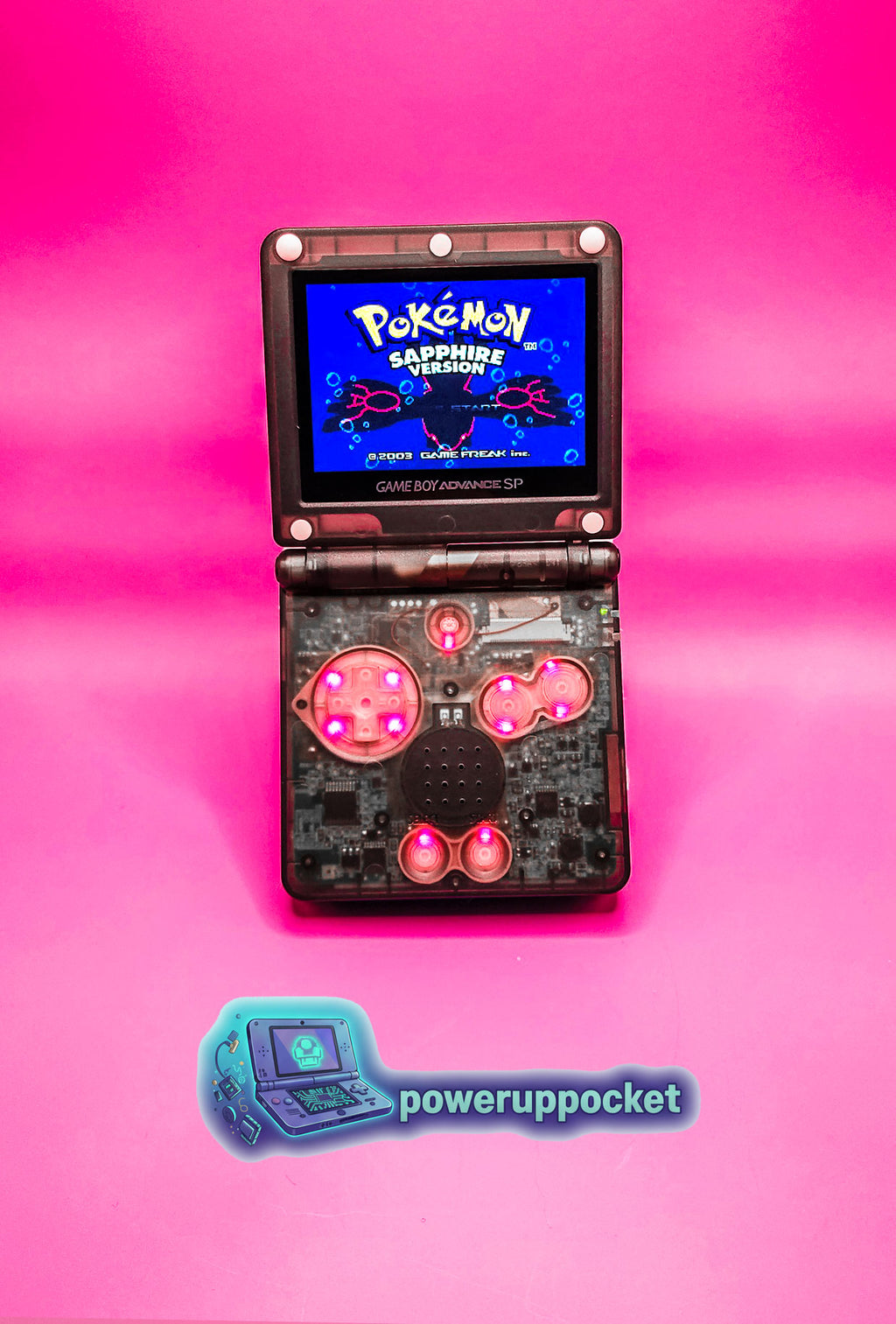 Custom Gameboy Advance SP | Transparent Black Shell | Pink LED Buttons | IPS Screen
