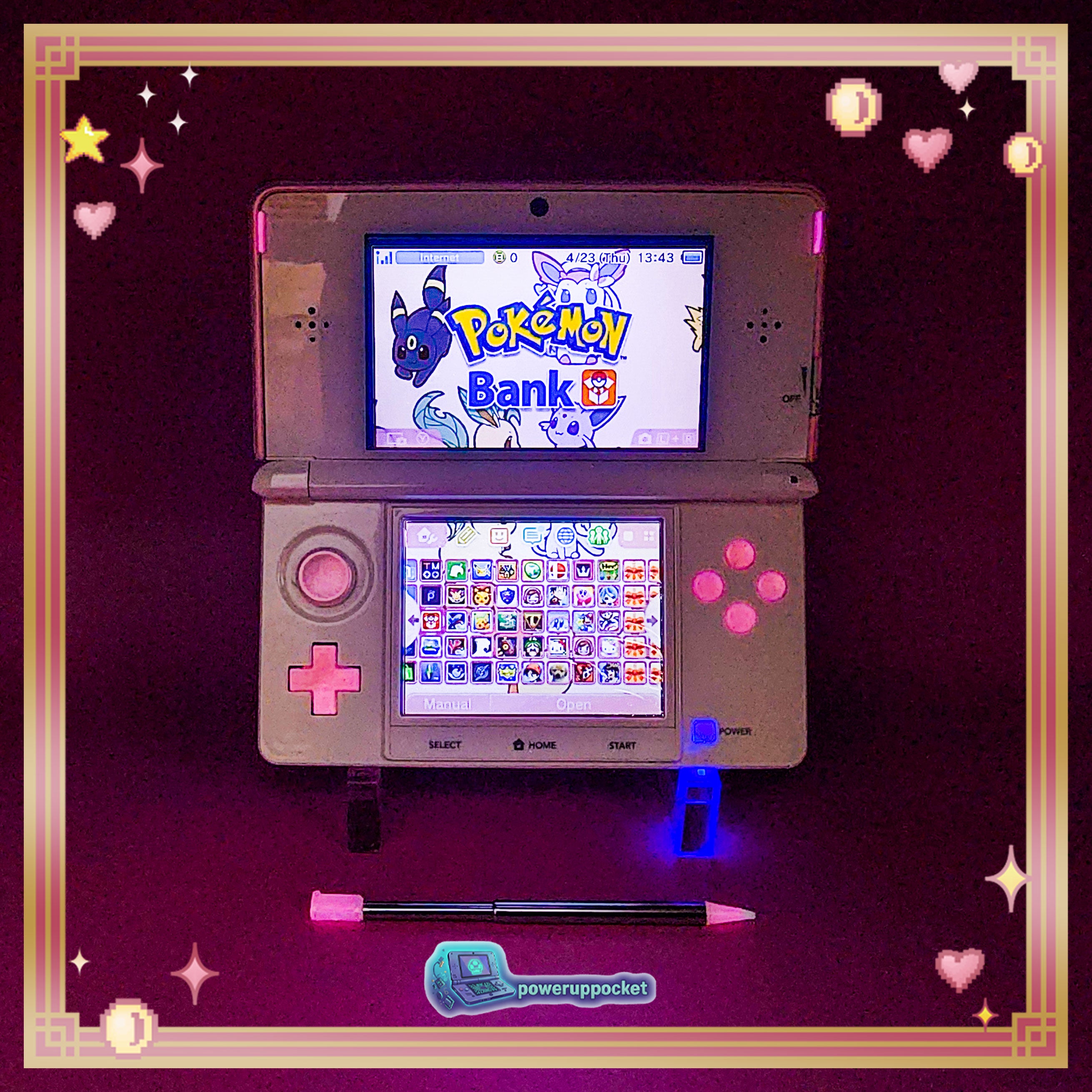 Custom Nintendo 3DS | Pink Pearl Glow Buttons | Glass Lens | Region Free | Charger + Stylus