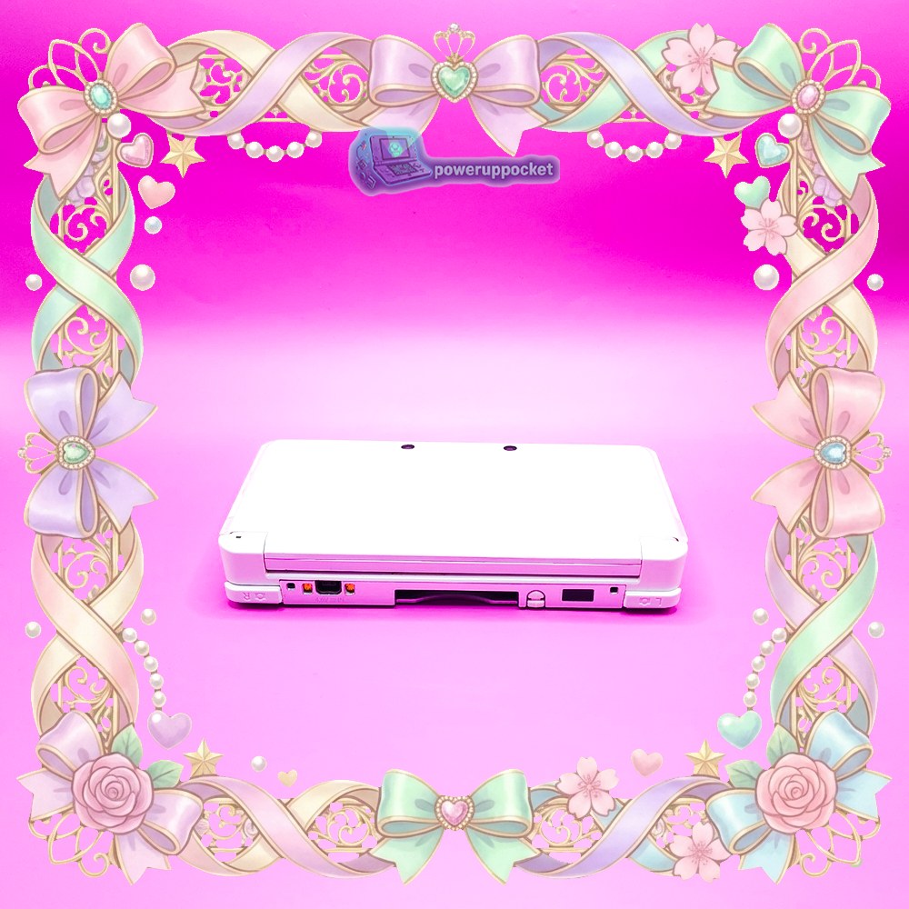 Back view of white Nintendo 3DS handheld console, custom glow buttons build by PowerUpPocket.