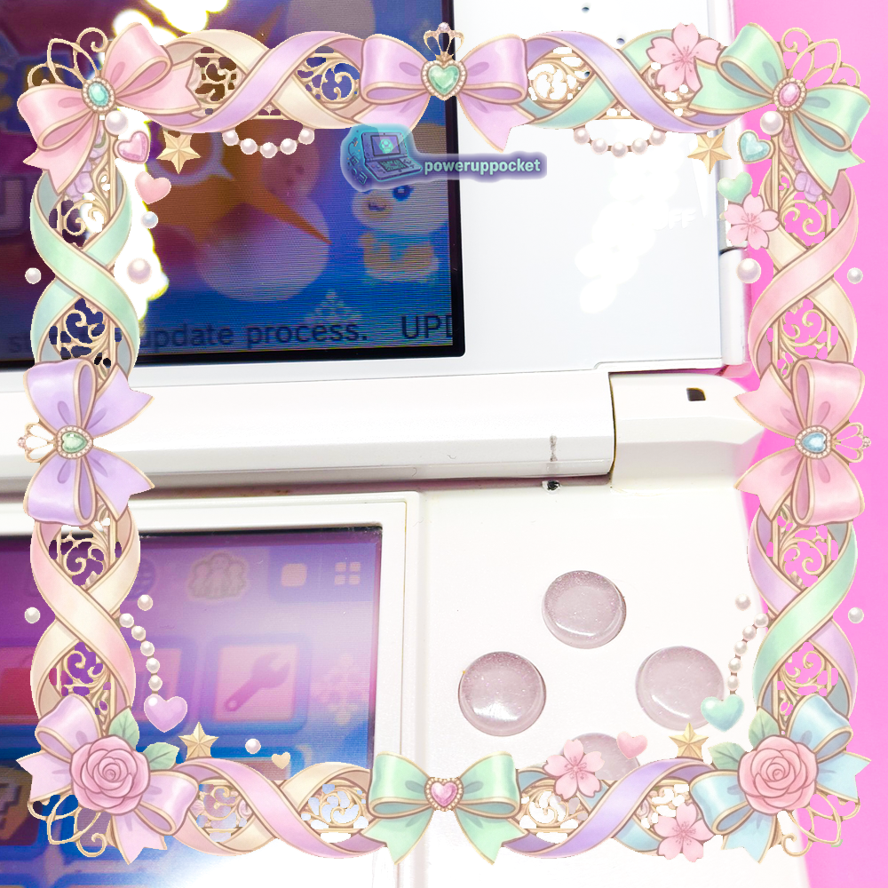 Close-up condition detail photo of white Nintendo 3DS, custom glow buttons build by PowerUpPocket.