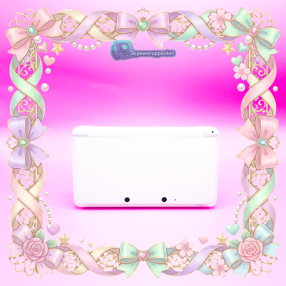 Front view of white Nintendo 3DS closed, custom glow buttons build by PowerUpPocket.