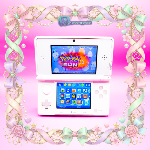 White Nintendo 3DS open showing screens and controls, custom glow buttons build by PowerUpPocket.