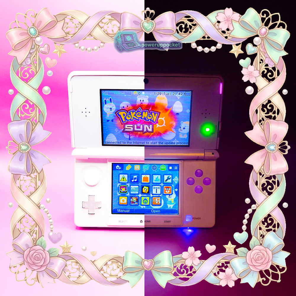 White Nintendo 3DS open half-and-half comparison showing glow buttons versus normal lighting, PowerUpPocket custom build.