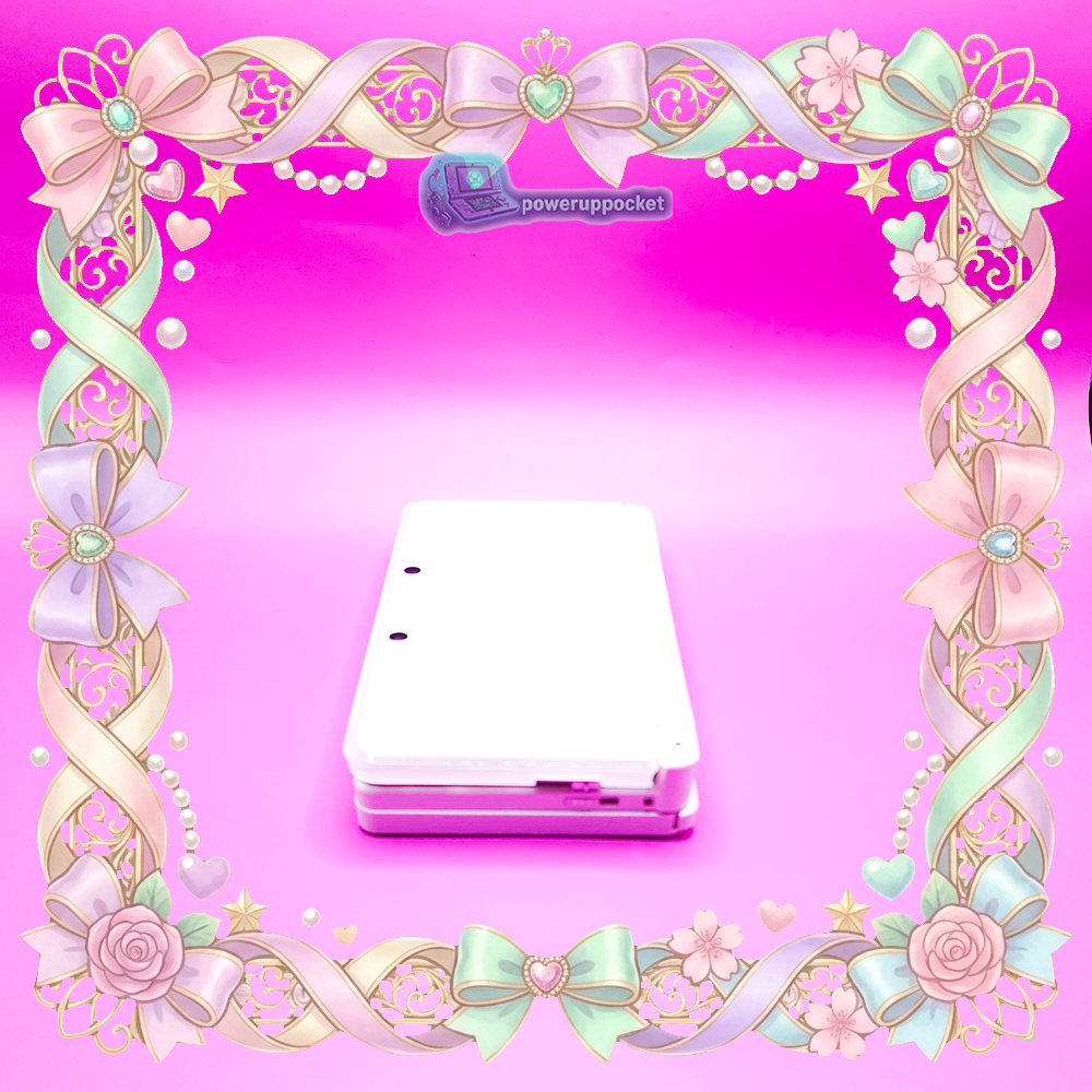 Right side view of white Nintendo 3DS handheld console, custom glow buttons build by PowerUpPocket.