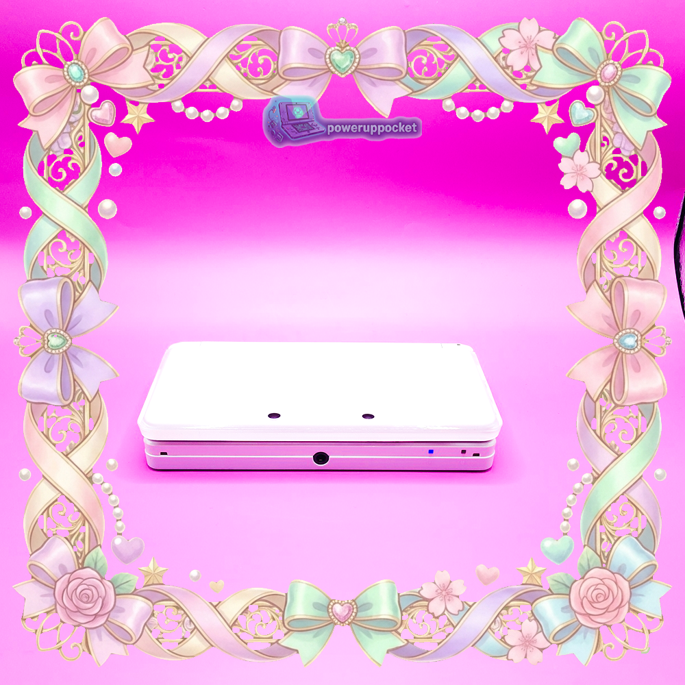 White Nintendo 3DS handheld console closed, top view, custom glow buttons build by PowerUpPocket.