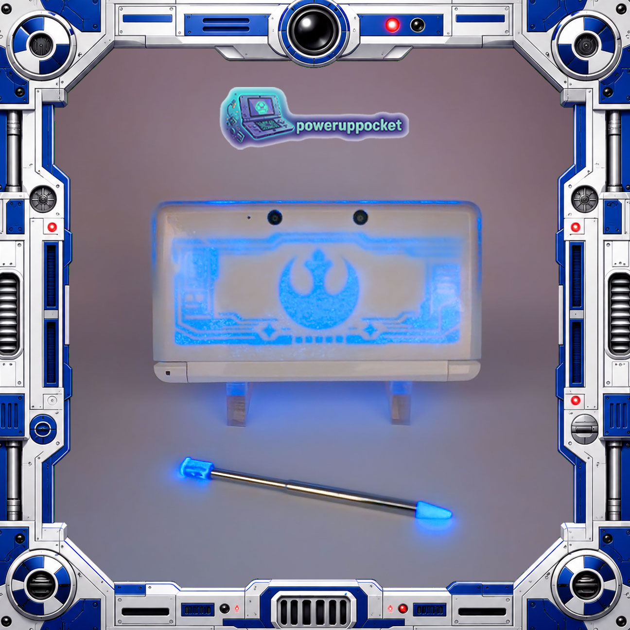 Custom 3DS Console R2D2 Inspired Theme | Blue Glow | Glass Lens | 64GB SD + Charger