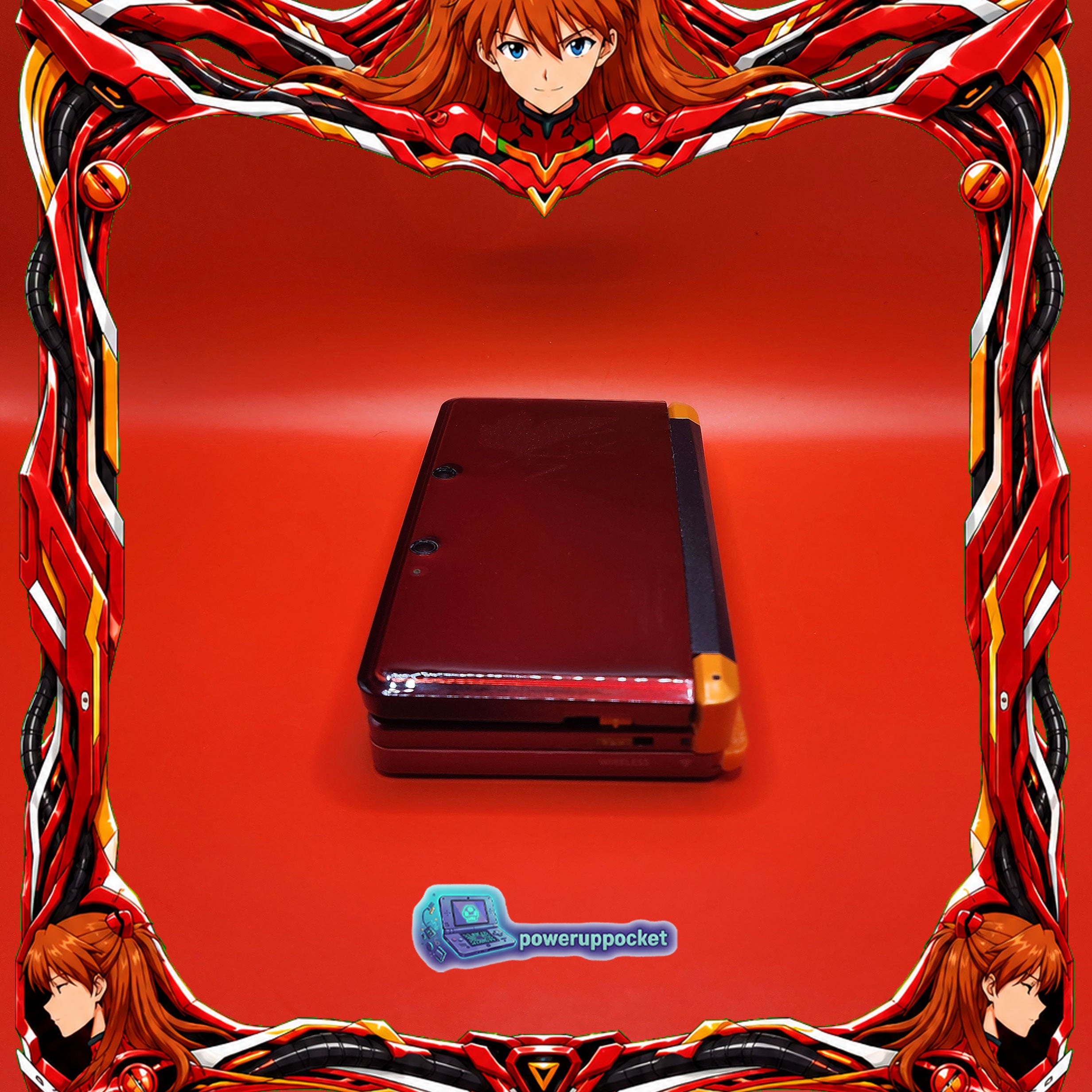 Custom Nintendo 3DS Asuka Evangelion Theme | Orange Glow | Custom Red Glass Lens | Charger + Stylus