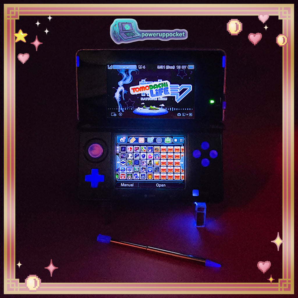 Custom Nintendo 3DS Black + Blue Opal Glow | 64GB SD | Charger + Custom Stylus | Glass Lens
