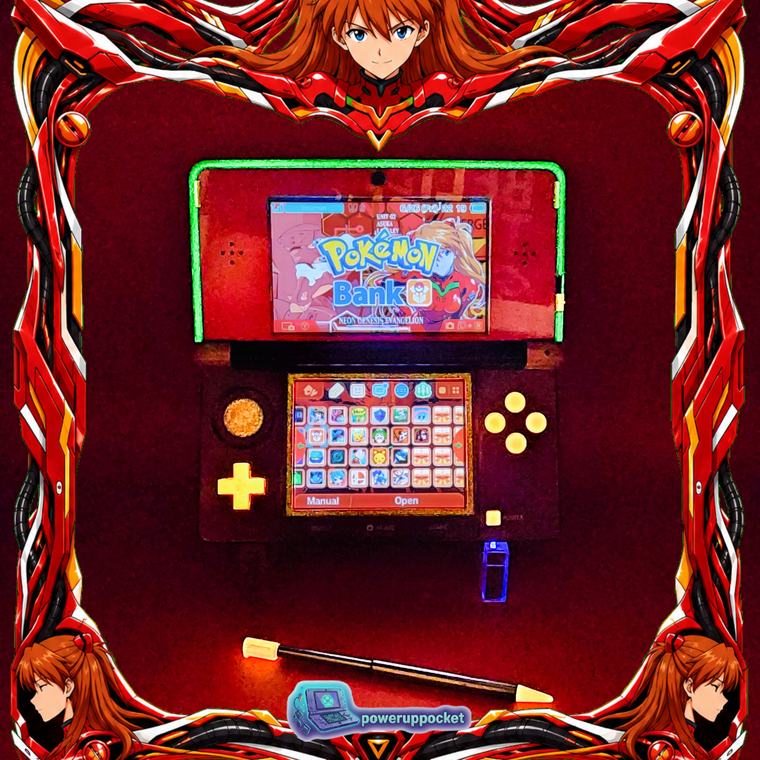 Custom Nintendo 3DS Asuka Evangelion Theme | Orange Glow | Custom Red Glass Lens | Charger + Stylus