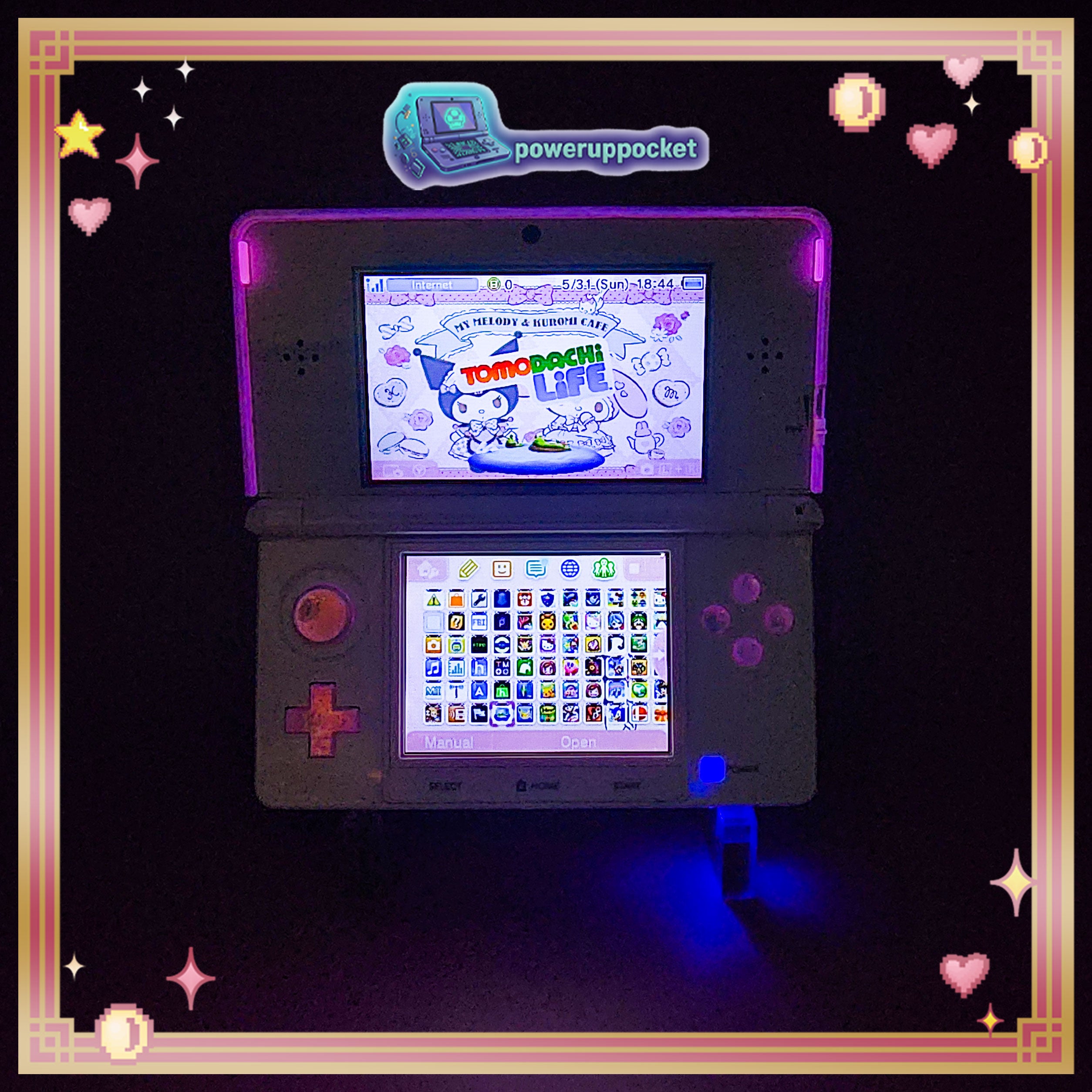 Custom Nintendo 3DS White + Pink Opal Glow | 64GB | Charger + Custom Stylus | Glass Lens