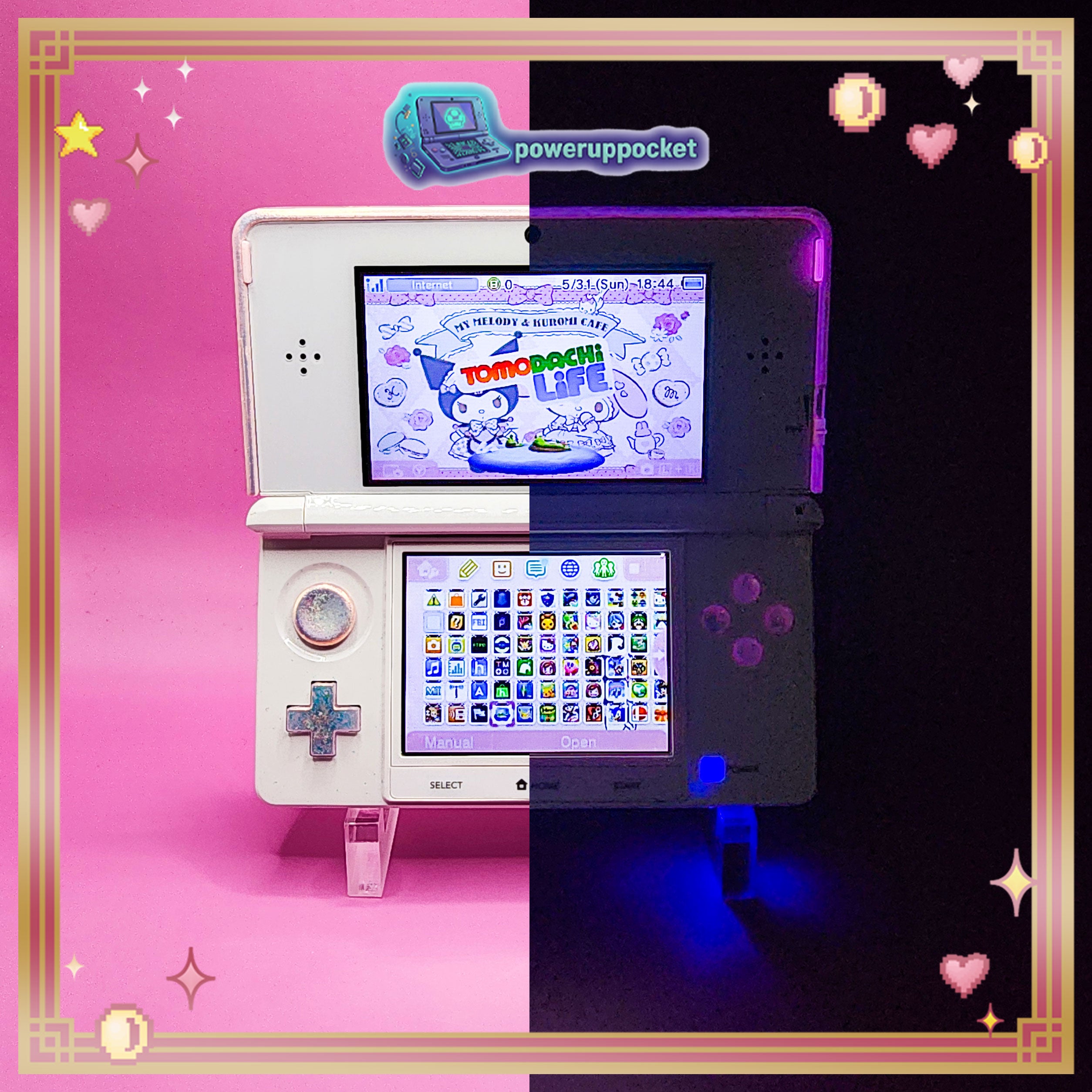 Custom Nintendo 3DS White + Pink Opal Glow | 64GB | Charger + Custom Stylus | Glass Lens