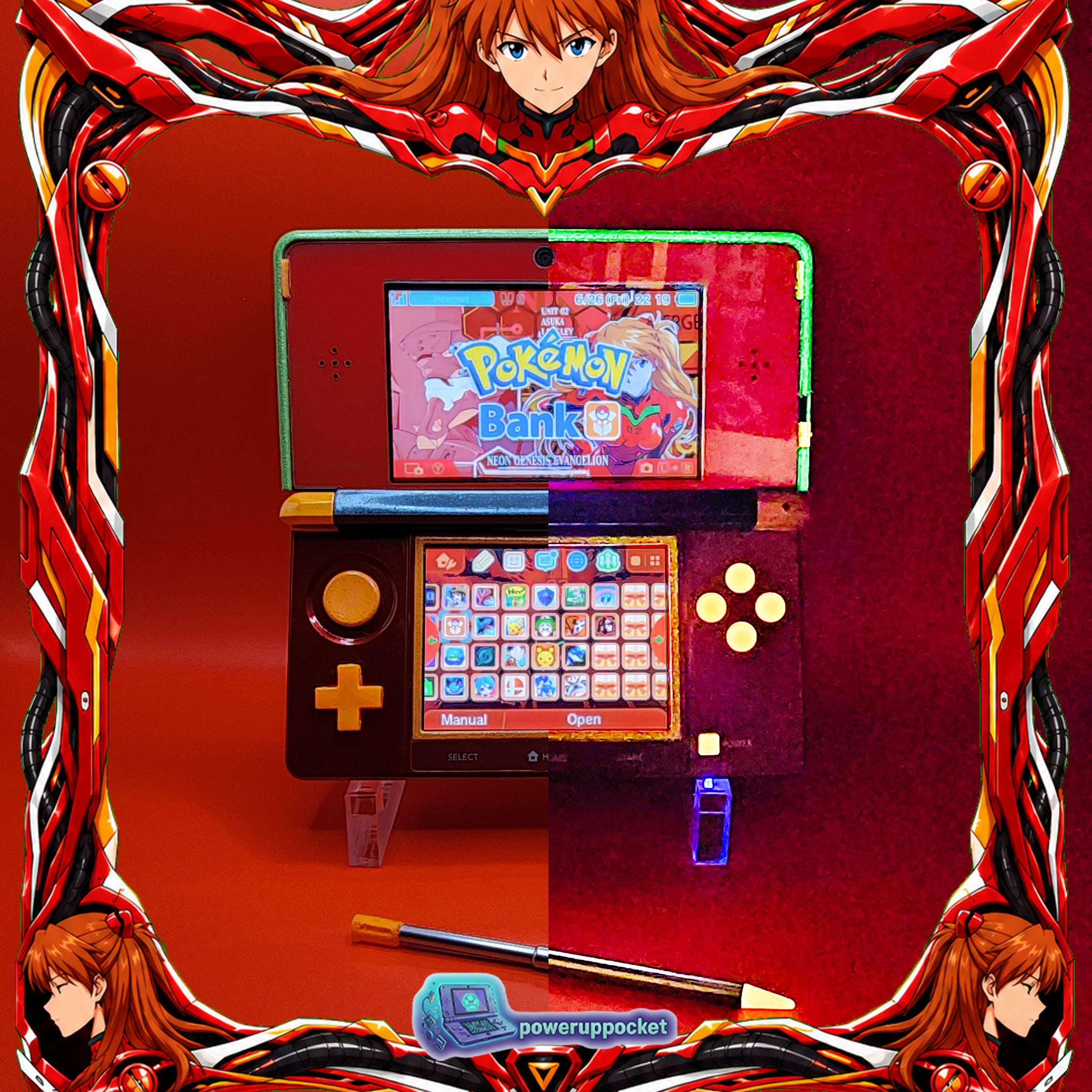 Custom Nintendo 3DS Asuka Evangelion Theme | Orange Glow | Custom Red Glass Lens | Charger + Stylus