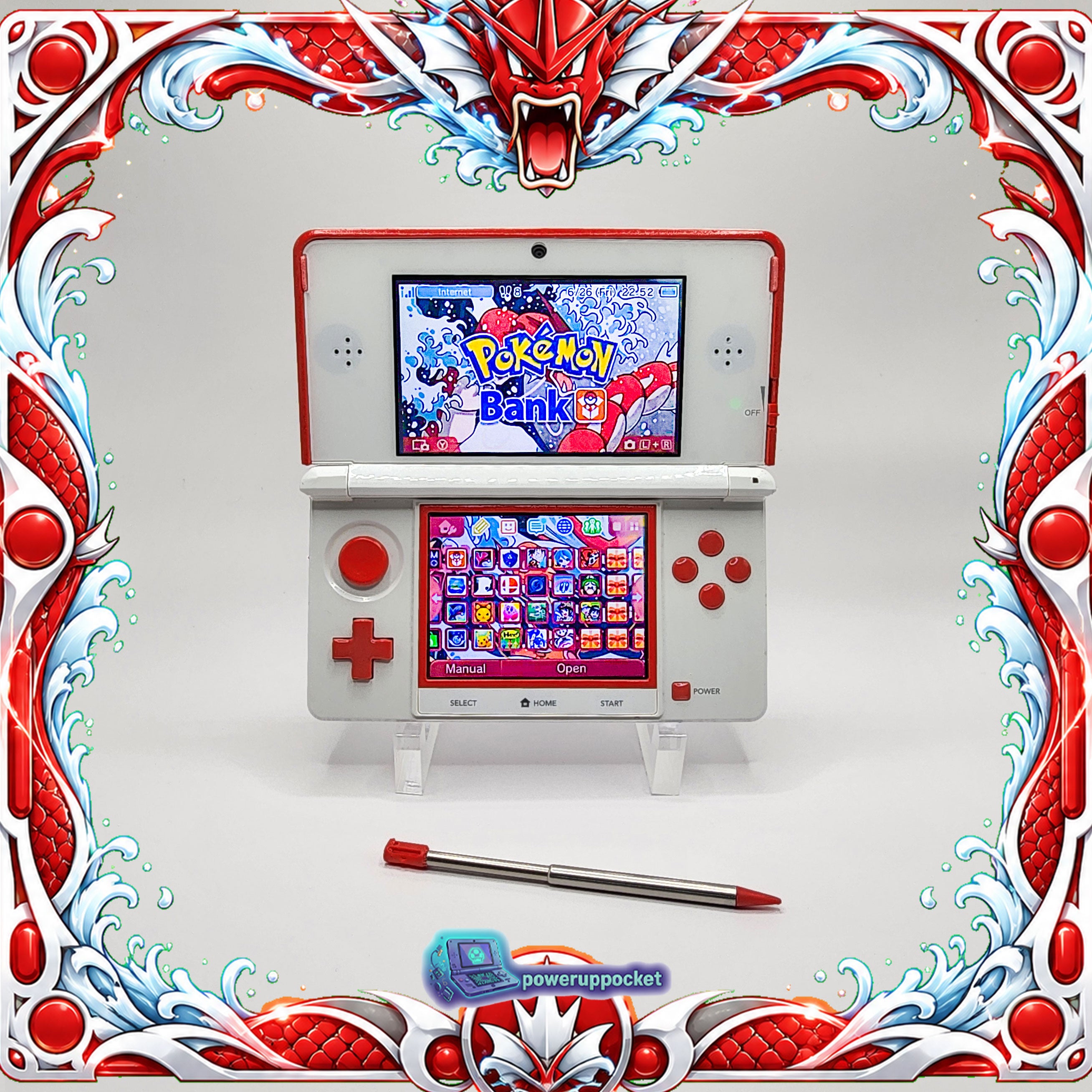 Custom Nintendo 3DS White + Red Glow | Glass Lens | 64GB SD | Charger + Custom Stylus