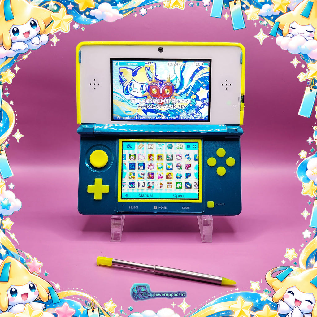 Jirachi Stardust | Custom Nintendo 3DS Aqua + Neon Yellow | Glass Lens