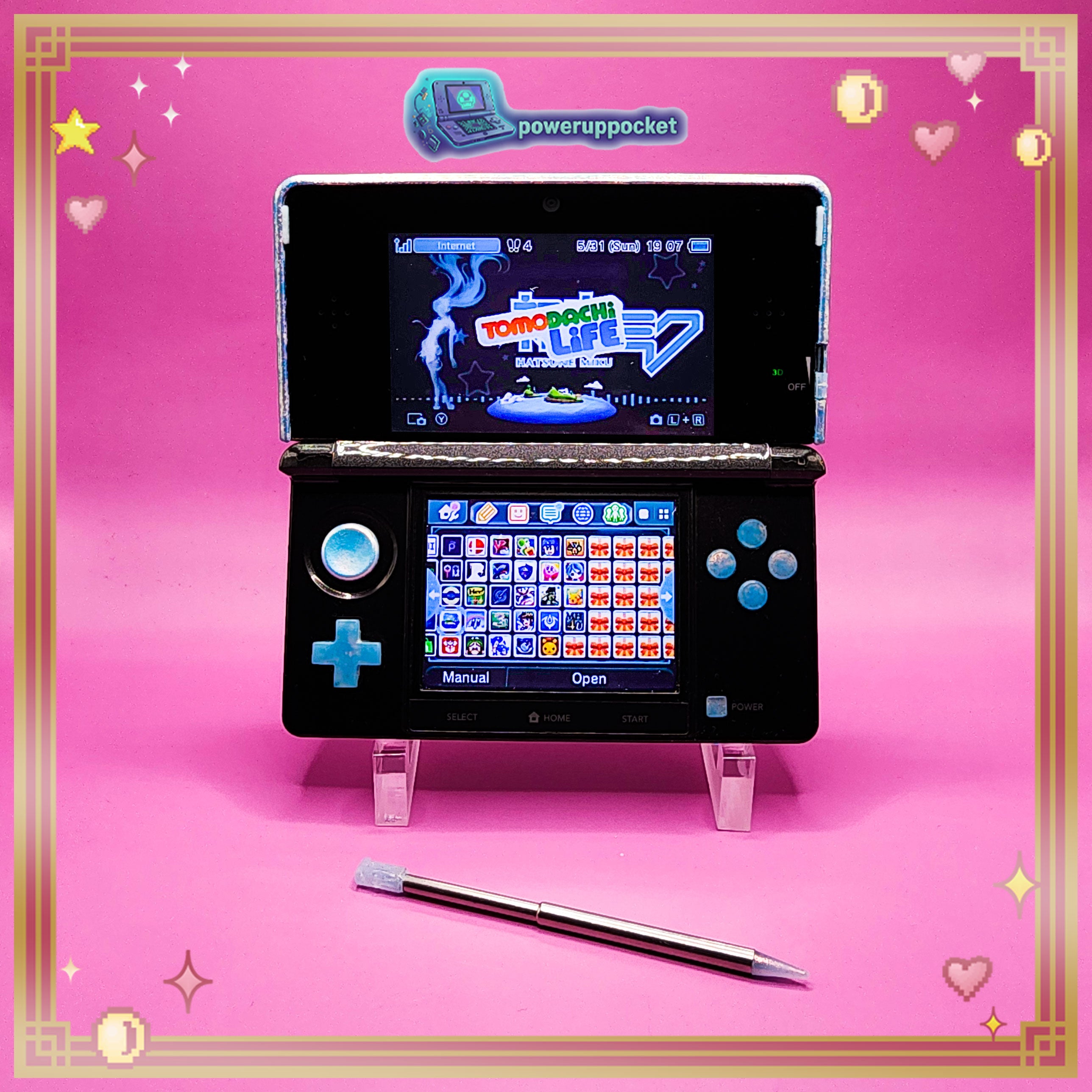 Custom Nintendo 3DS Black + Blue Opal Glow | 64GB SD | Charger + Custom Stylus | Glass Lens