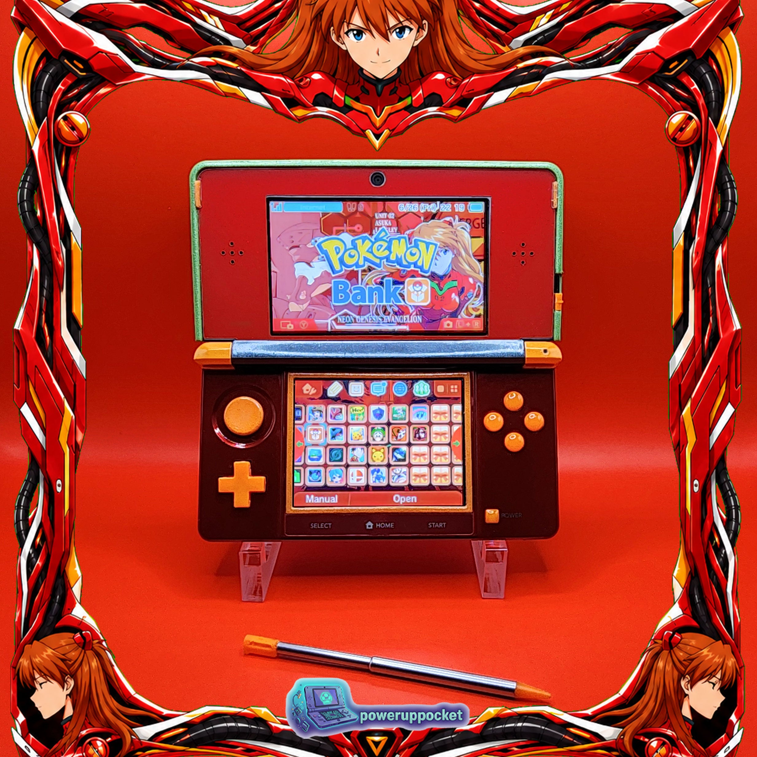 Custom Nintendo 3DS Asuka Evangelion Theme | Orange Glow | Custom Red Glass Lens | Charger + Stylus