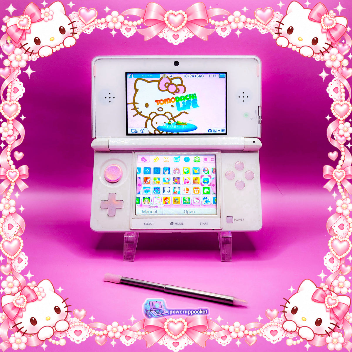 Hello Kitty Pearl Glow | Custom Nintendo 3DS White + Pink | Glass Lens