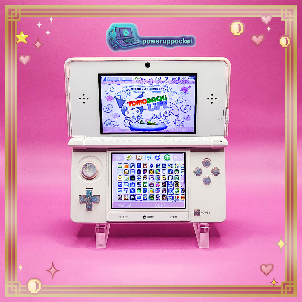 Custom Nintendo 3DS White + Pink Opal Glow | 64GB | Charger + Custom Stylus | Glass Lens