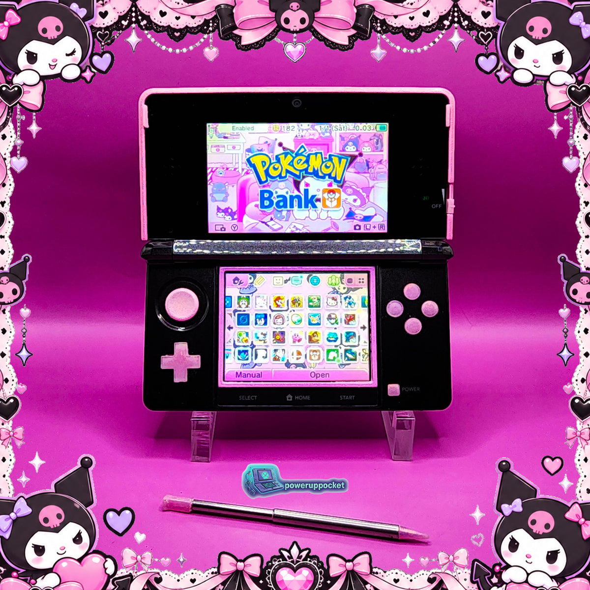 Kuromi Midnight Shimmer | Custom Nintendo 3DS Black + Pink | Glass Lens
