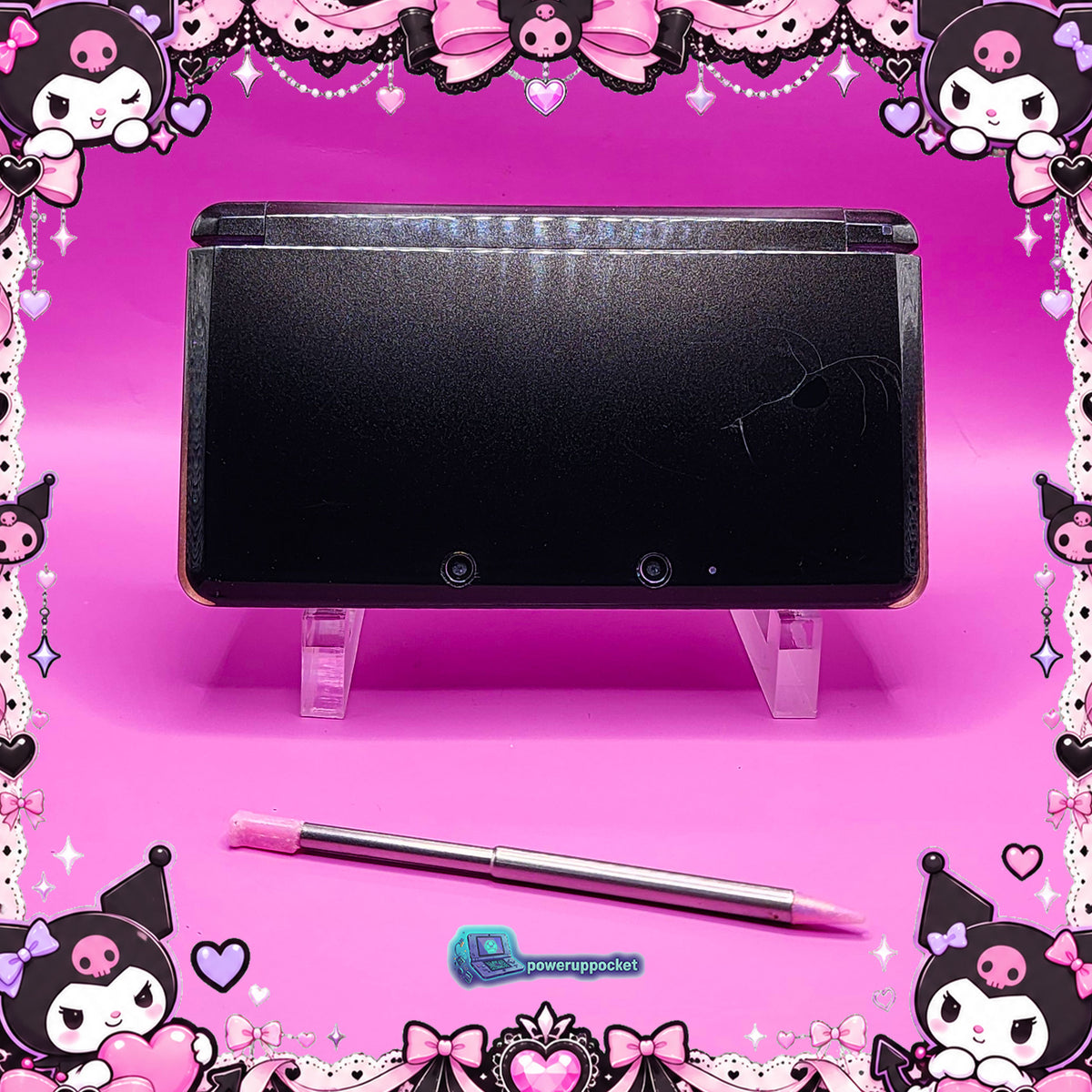 Kuromi Midnight Shimmer | Custom Nintendo 3DS Black + Pink | Glass Lens