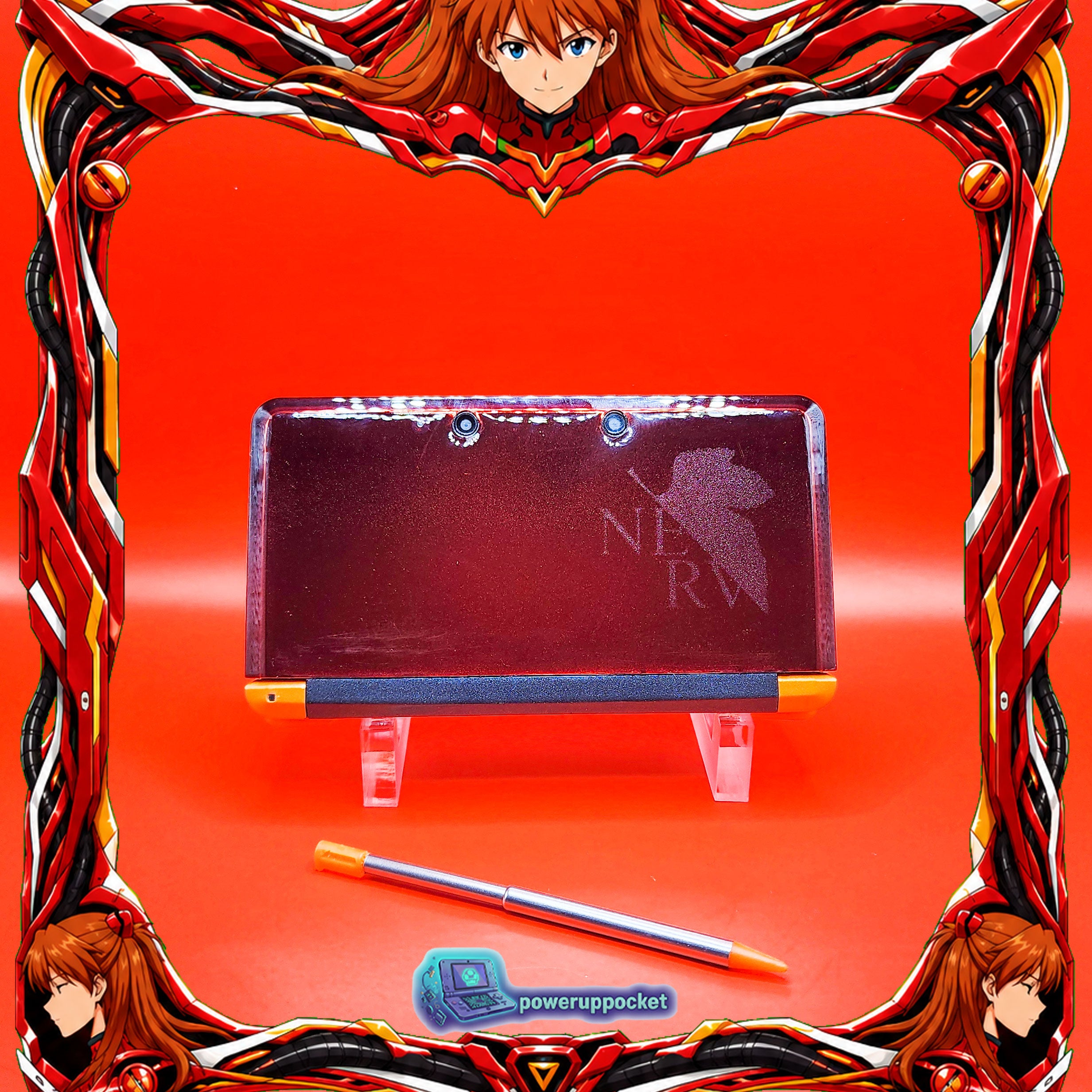 Custom Nintendo 3DS Asuka Evangelion Theme | Orange Glow | Custom Red Glass Lens | Charger + Stylus